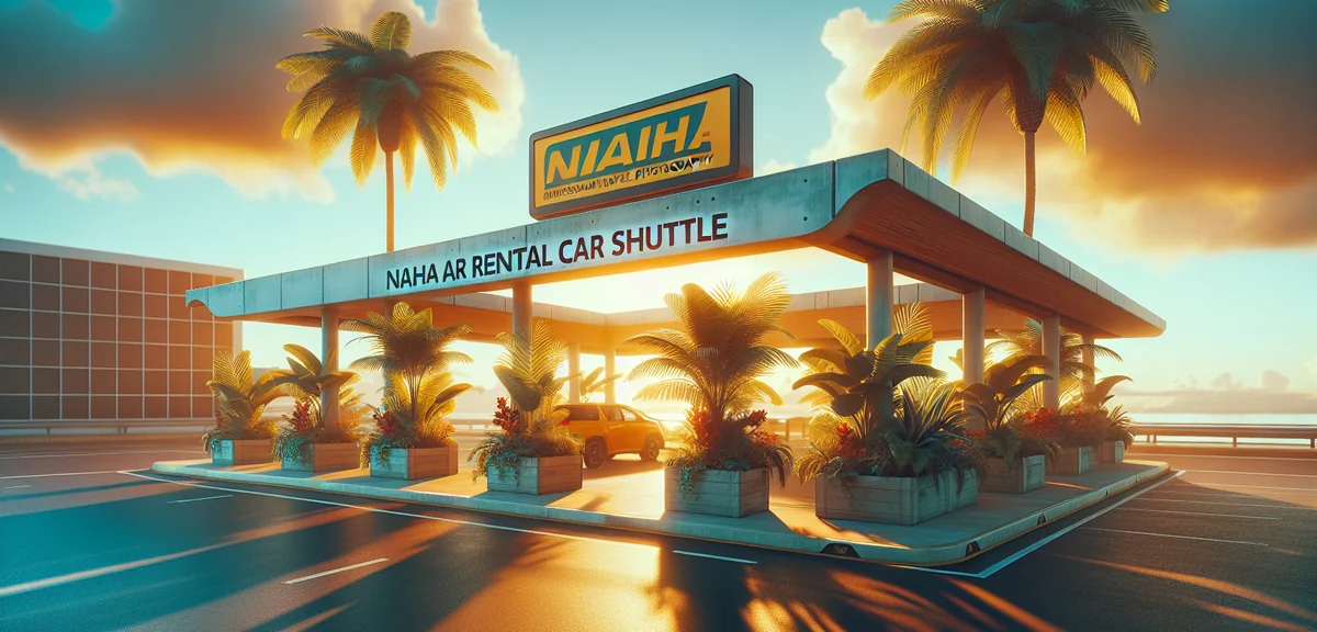 Naha Airport rental car shuttle area with tropical plants and clear blue sky, cinematic photography,