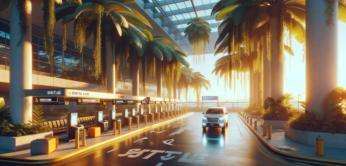 Naha Airport rental car shuttle area with tropical plants and clear blue sky, cinematic photography,