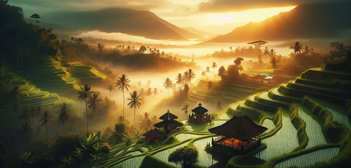Vibrant Bali rice terrace with traditional temple and misty mountains, cinematic photography, warm m