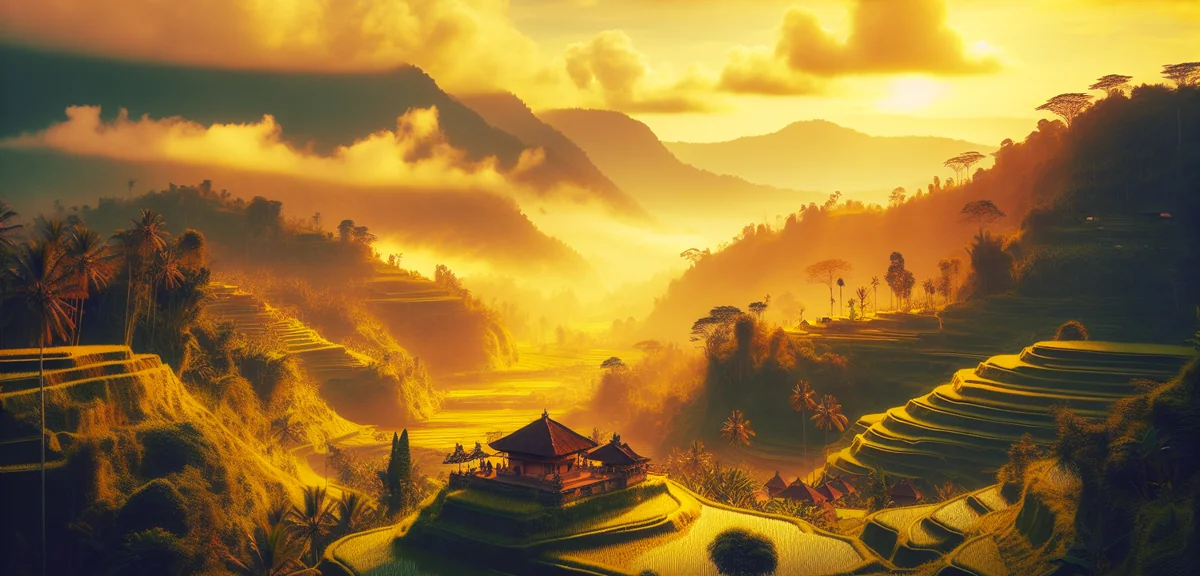 Vibrant Bali rice terrace with traditional temple and misty mountains, cinematic photography, warm m