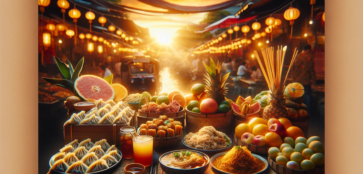 Delicious Asian street food spread with dumplings noodles and tropical fruits at night market, cinem