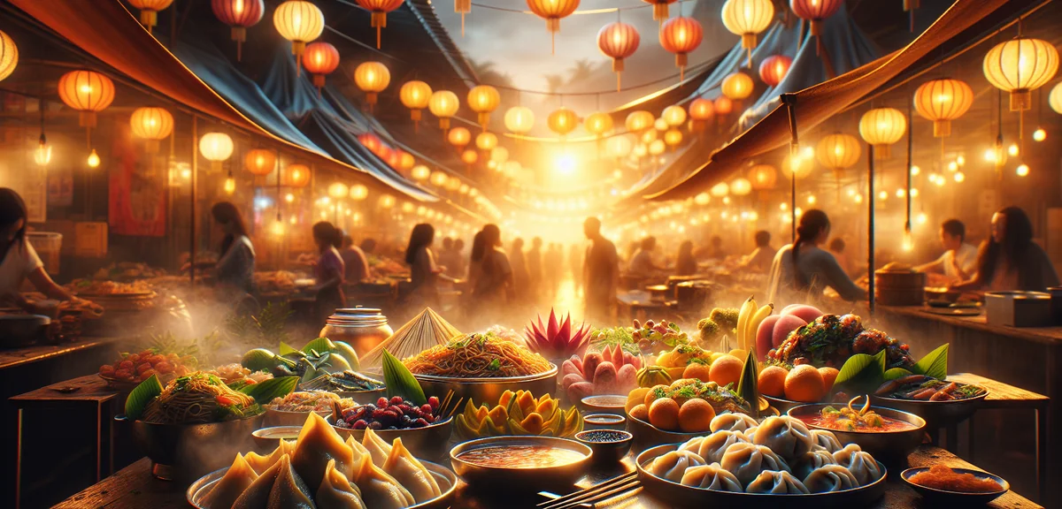Delicious Asian street food spread with dumplings noodles and tropical fruits at night market, cinem