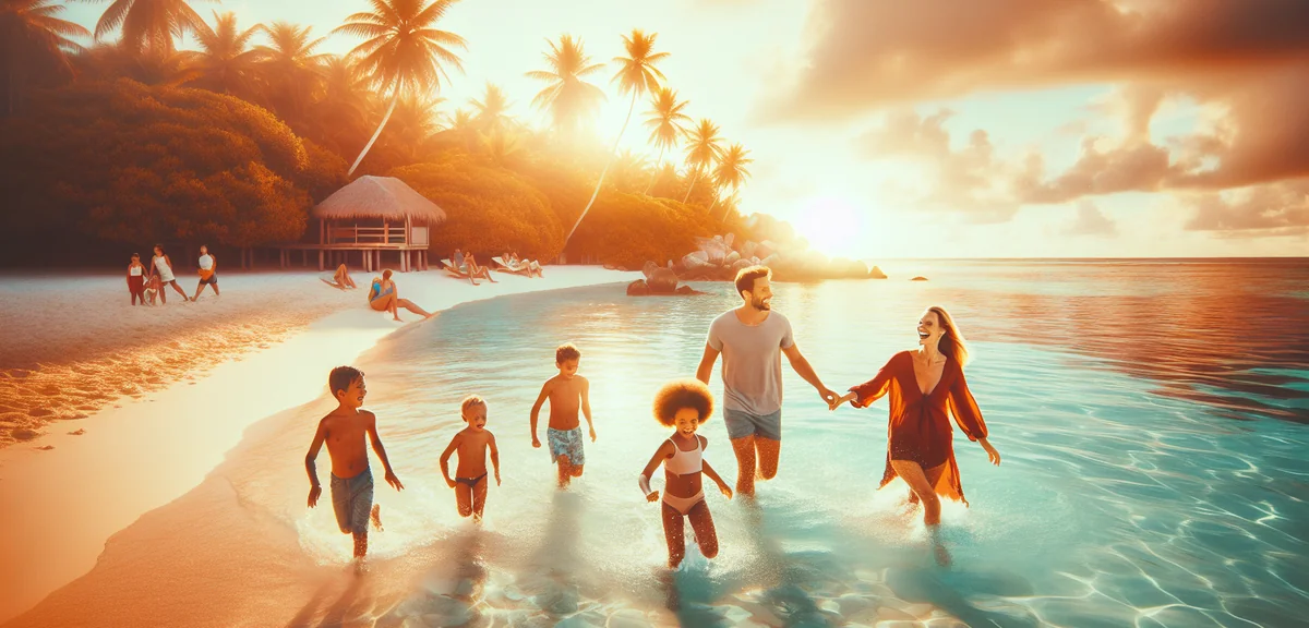 Happy family enjoying tropical beach vacation with children playing in crystal clear water, cinemati