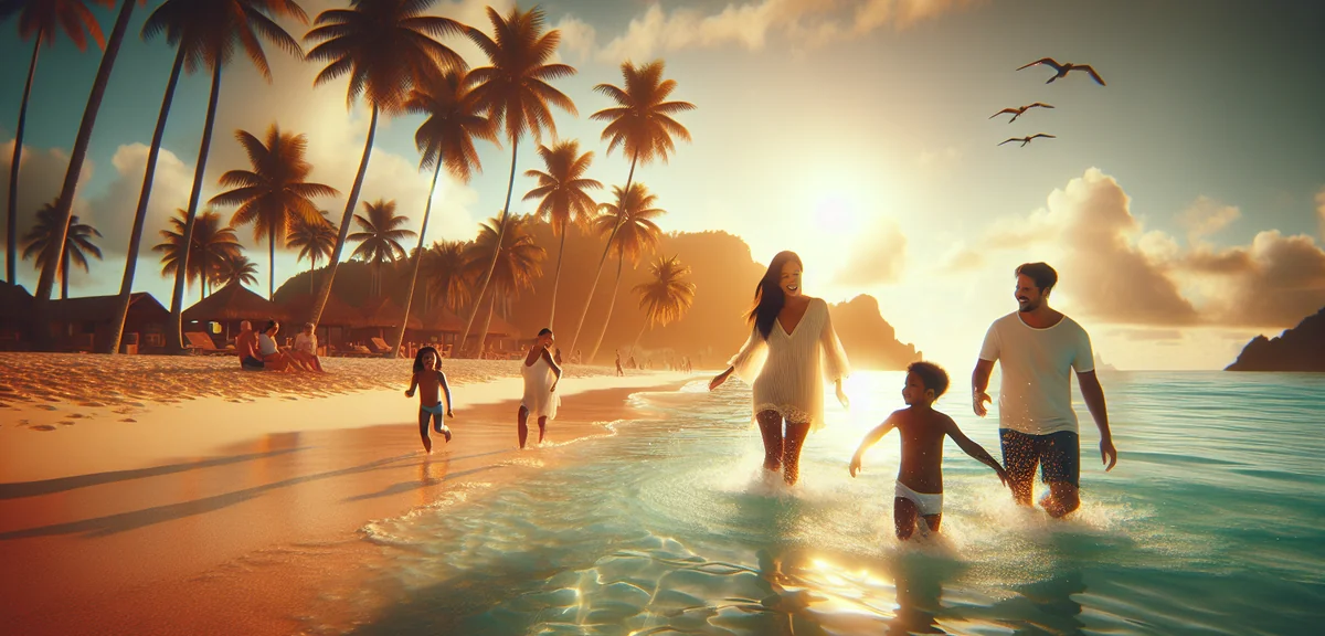 Happy family enjoying tropical beach vacation with children playing in crystal clear water, cinemati