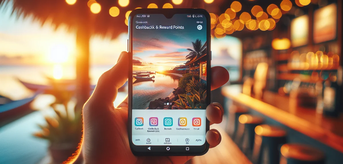 Close-up of smartphone screen showing cashback and reward points app with colorful travel images in 