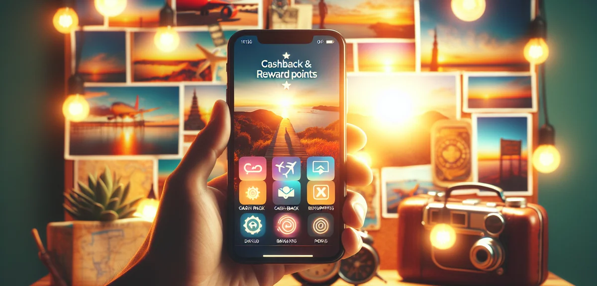 Close-up of smartphone screen showing cashback and reward points app with colorful travel images in 