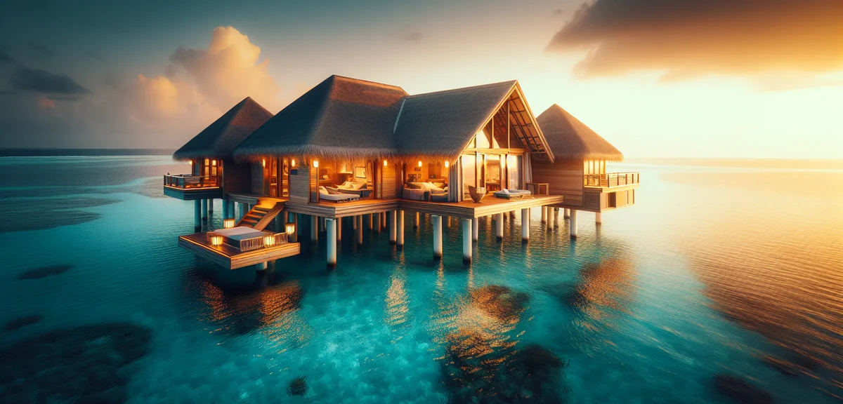 Stunning luxury Maldives overwater villa with turquoise ocean at golden hour, cinematic photography,