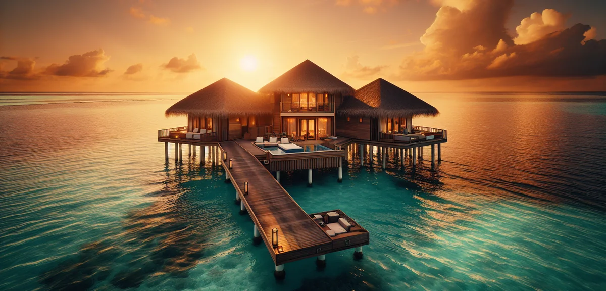 Stunning luxury Maldives overwater villa with turquoise ocean at golden hour, cinematic photography,