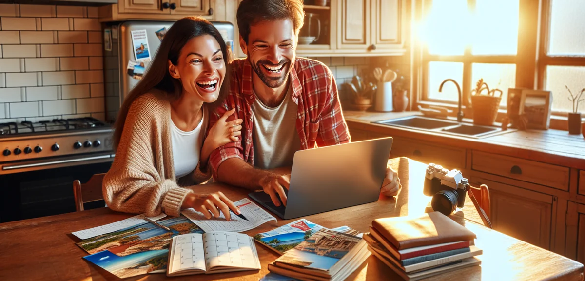 Happy couple planning vacation at kitchen table with laptop calendar and travel brochures, cinematic