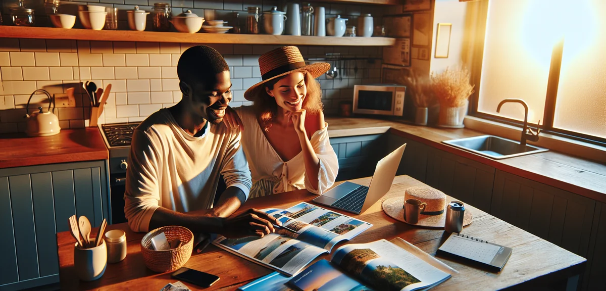 Happy couple planning vacation at kitchen table with laptop calendar and travel brochures, cinematic