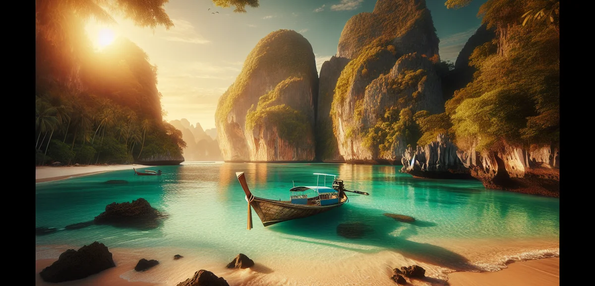 Beautiful turquoise beach in Southeast Asia with traditional longtail boat and limestone cliffs, cin