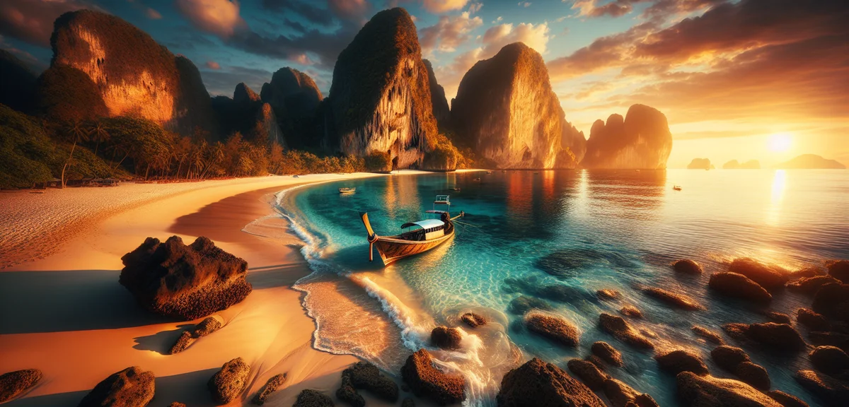 Beautiful turquoise beach in Southeast Asia with traditional longtail boat and limestone cliffs, cin