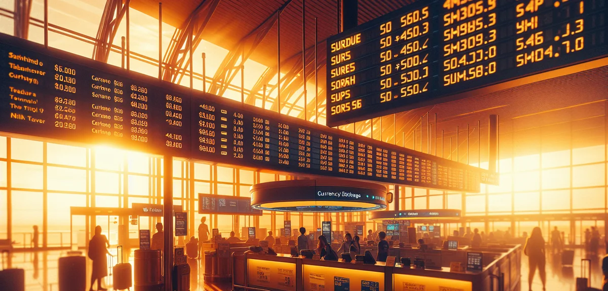 Currency exchange counter at international airport with multiple currency rates displayed on digital