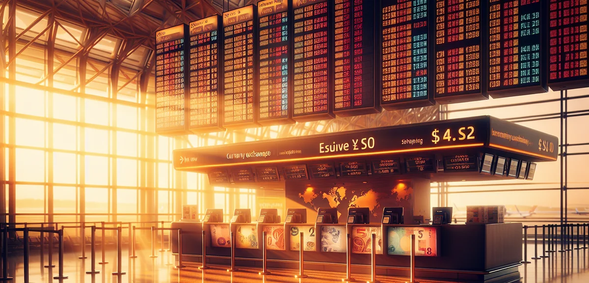 Currency exchange counter at international airport with multiple currency rates displayed on digital