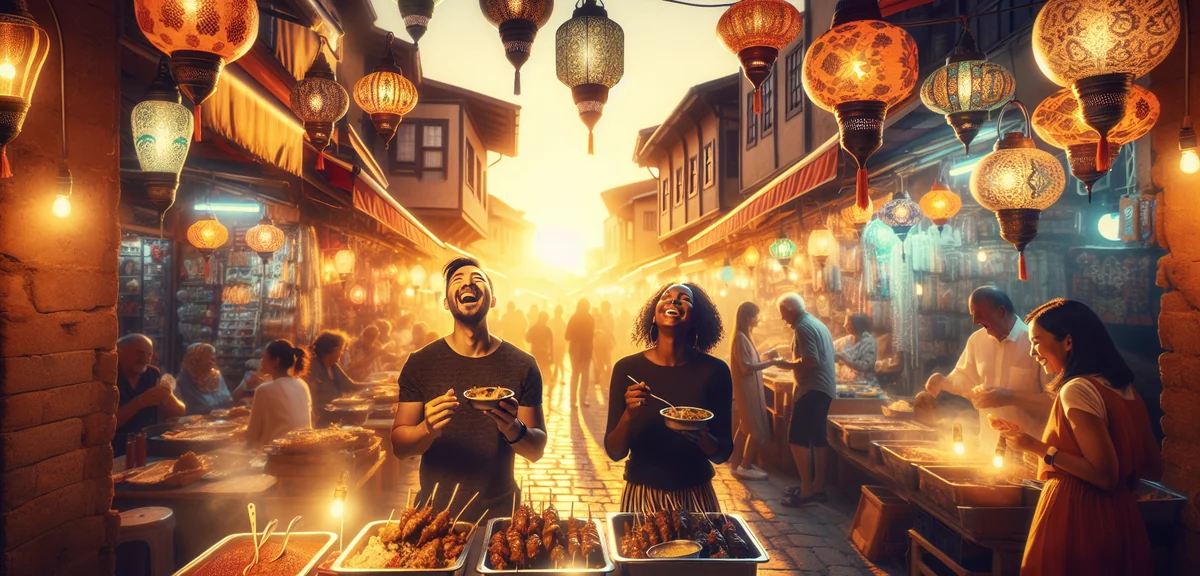 Couple enjoying affordable street food at vibrant Turkish bazaar with colorful lanterns, cinematic p