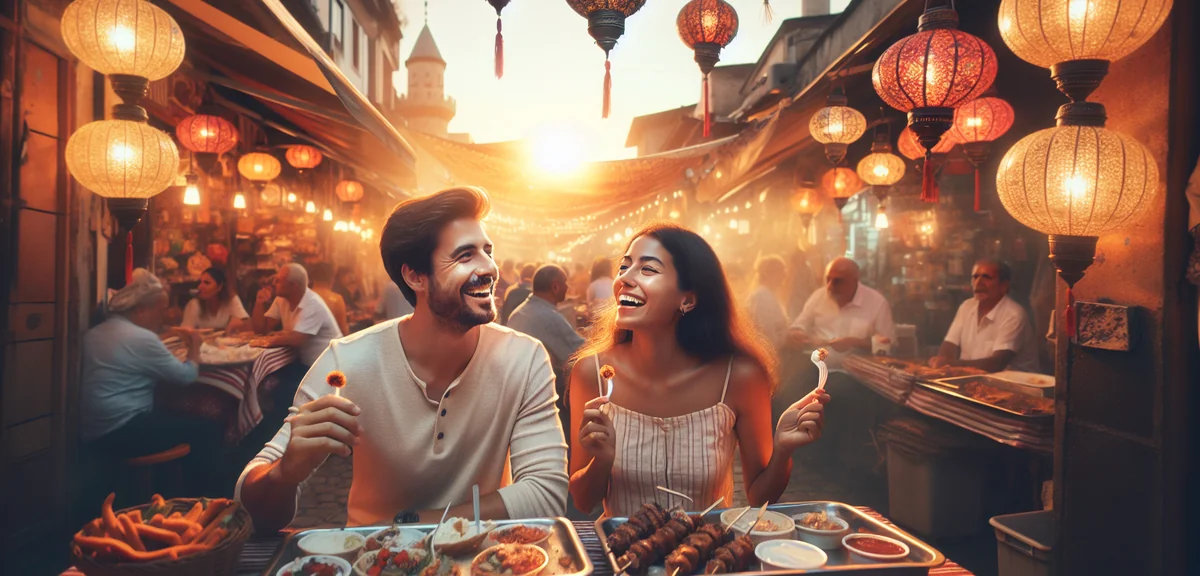 Couple enjoying affordable street food at vibrant Turkish bazaar with colorful lanterns, cinematic p