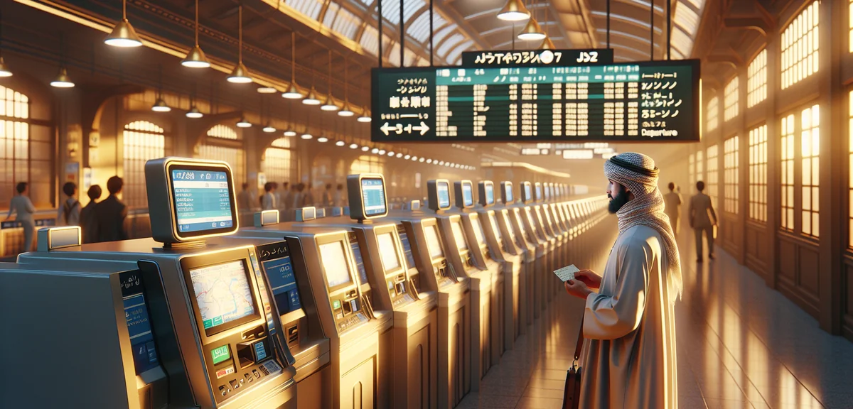 Person purchasing train tickets at modern JR station ticket machine with departure board in backgrou