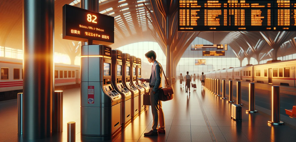 Person purchasing train tickets at modern JR station ticket machine with departure board in backgrou