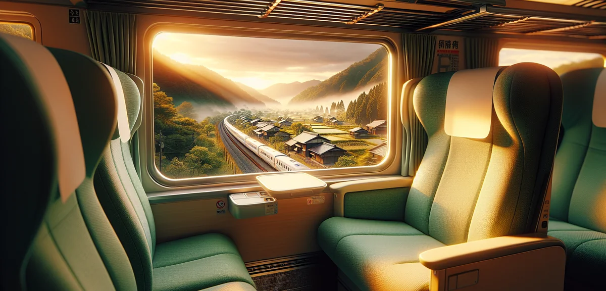 Interior of comfortable Shinkansen green car seat with Japanese countryside scenery through window, 