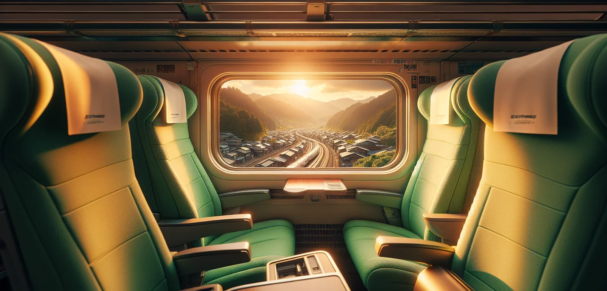 Interior of comfortable Shinkansen green car seat with Japanese countryside scenery through window, 
