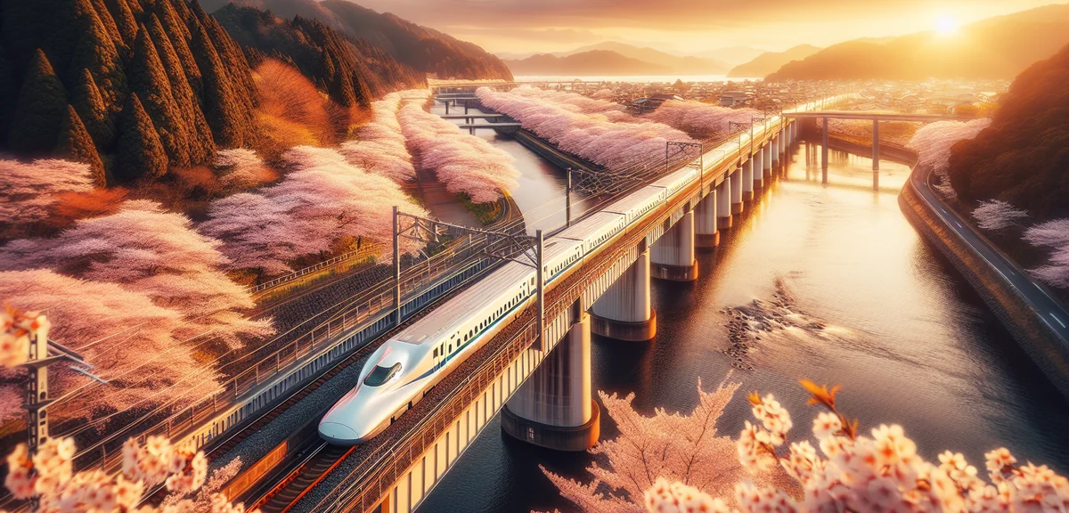 Aerial view of Shinkansen crossing bridge over river with cherry blossoms, cinematic photography, sp