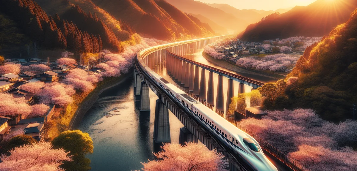 Aerial view of Shinkansen crossing bridge over river with cherry blossoms, cinematic photography, sp