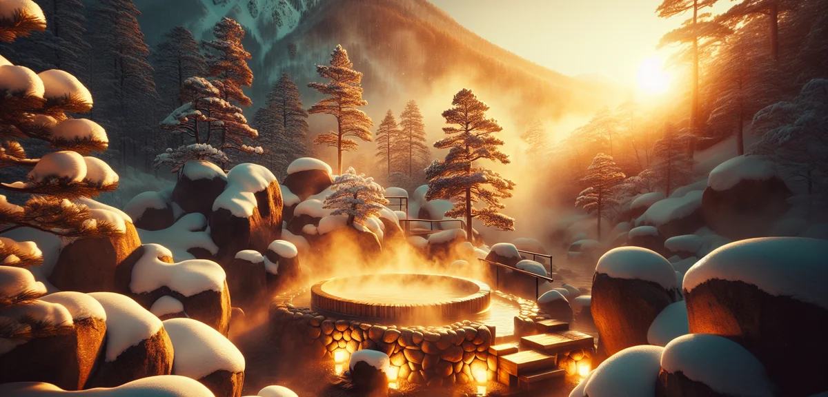 Steaming outdoor rotenburo open-air hot spring bath surrounded by snow-covered rocks and pine trees 