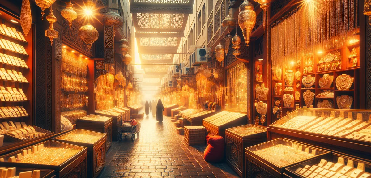 Traditional Dubai Gold Souk market alley with glittering jewelry displays and warm ambient lighting,