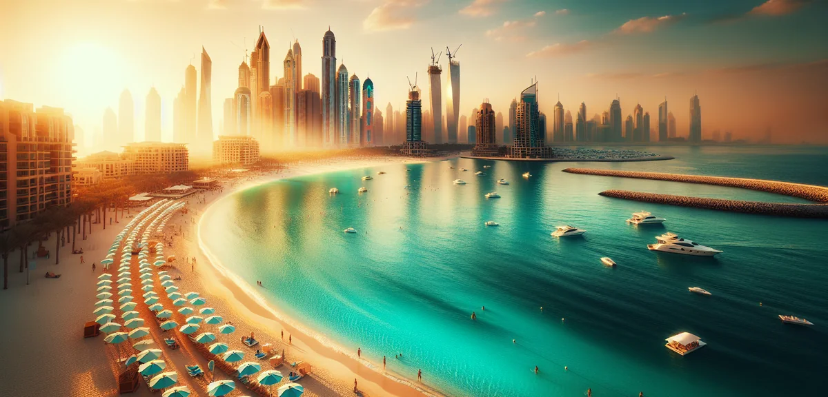 Jumeirah Beach with turquoise water and Dubai Marina skyline in background, cinematic photography, b