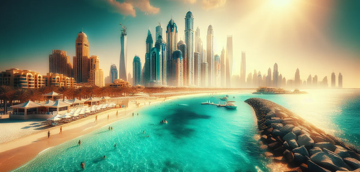 Jumeirah Beach with turquoise water and Dubai Marina skyline in background, cinematic photography, b