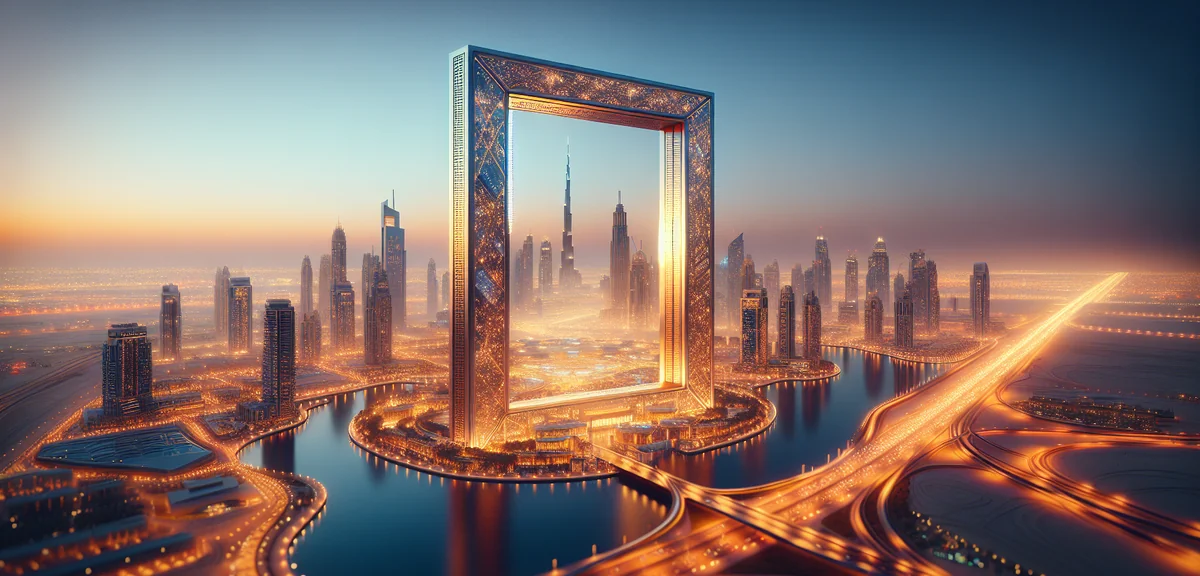 Dubai Frame landmark structure glowing at twilight with city lights in background, cinematic photogr
