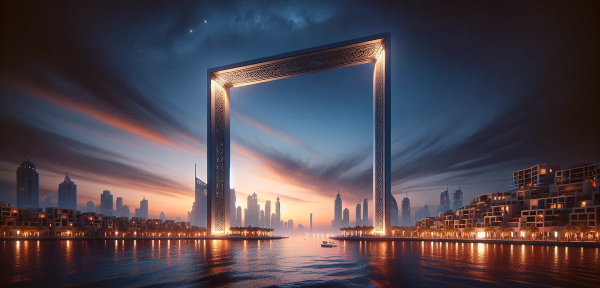 Dubai Frame landmark structure glowing at twilight with city lights in background, cinematic photogr