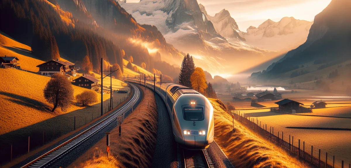 High-speed European train passing through scenic alpine countryside with snow-capped mountains, cine