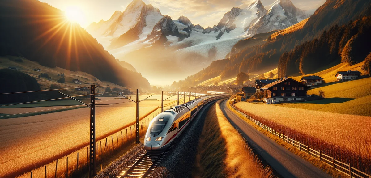 High-speed European train passing through scenic alpine countryside with snow-capped mountains, cine