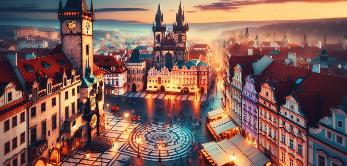 Charming Prague Old Town Square with astronomical clock and colorful baroque buildings at twilight, 