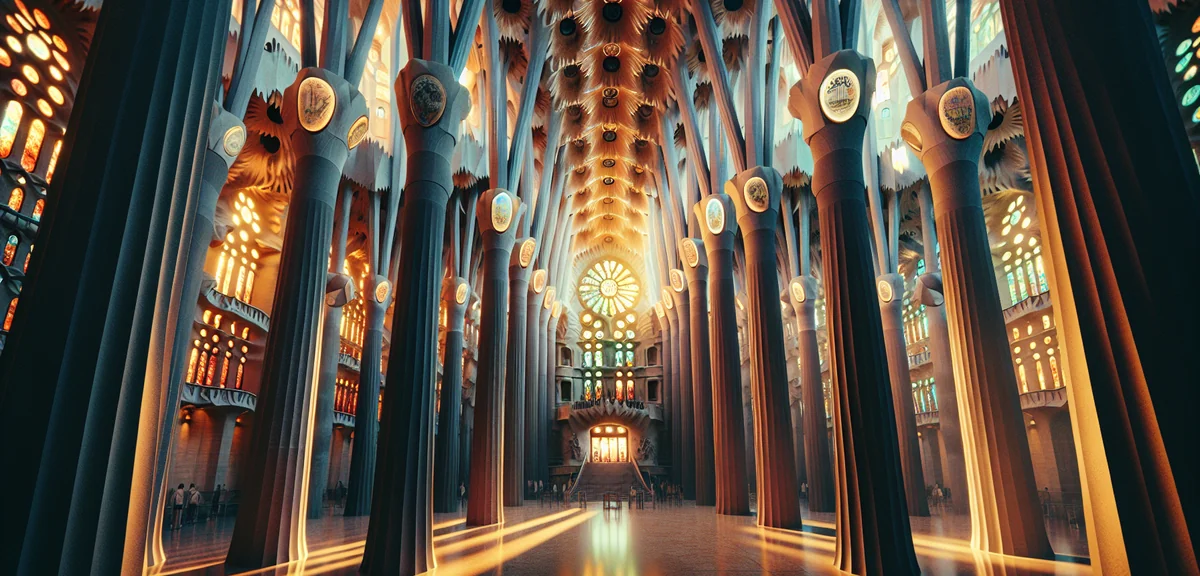 Barcelona Sagrada Familia interior with stunning stained glass light streaming through columns, cine