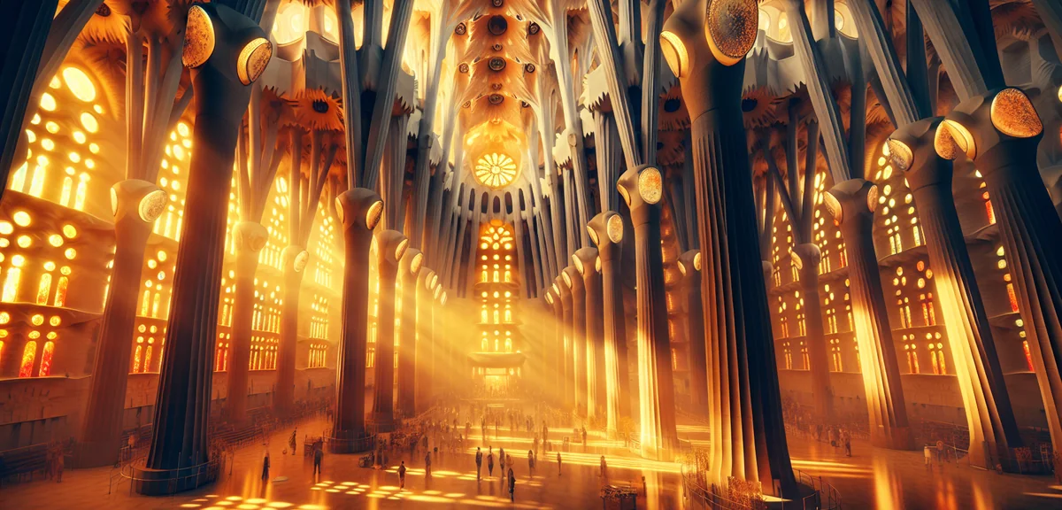 Barcelona Sagrada Familia interior with stunning stained glass light streaming through columns, cine