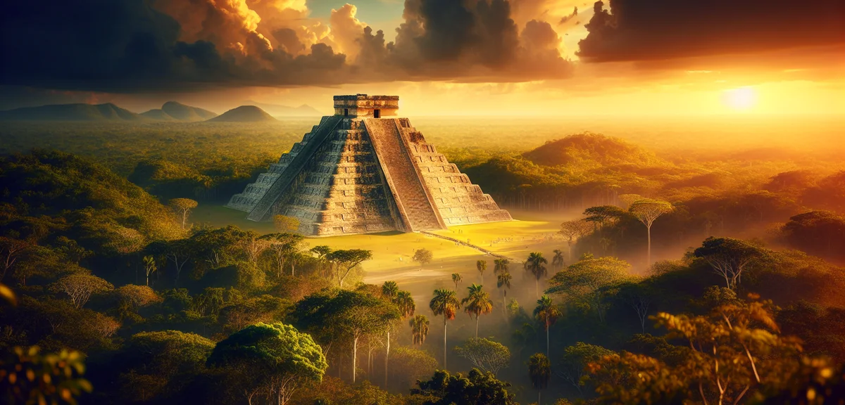 Ancient Chichen Itza pyramid El Castillo with dramatic clouds and green jungle, cinematic photograph