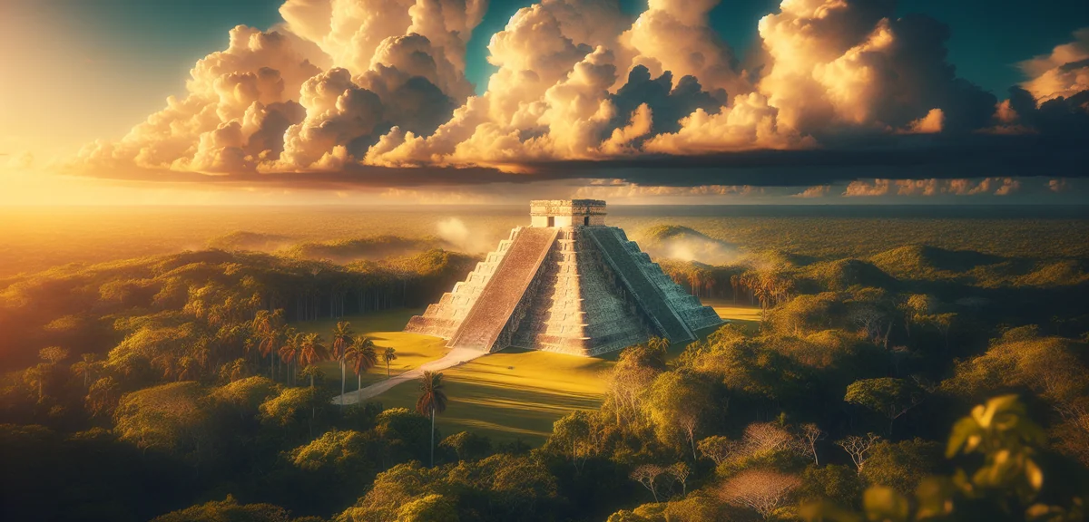 Ancient Chichen Itza pyramid El Castillo with dramatic clouds and green jungle, cinematic photograph