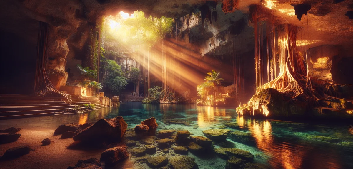 Crystal clear cenote with sunlight beams penetrating underground cave water surrounded by limestone