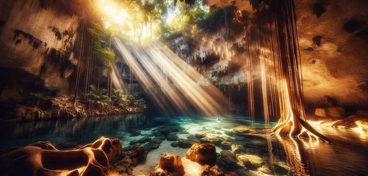 Crystal clear cenote with sunlight beams penetrating underground cave water surrounded by limestone 