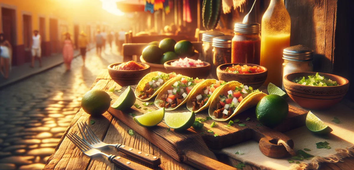 Colorful Mexican street food tacos al pastor with fresh lime and salsa on rustic table, cinematic fo