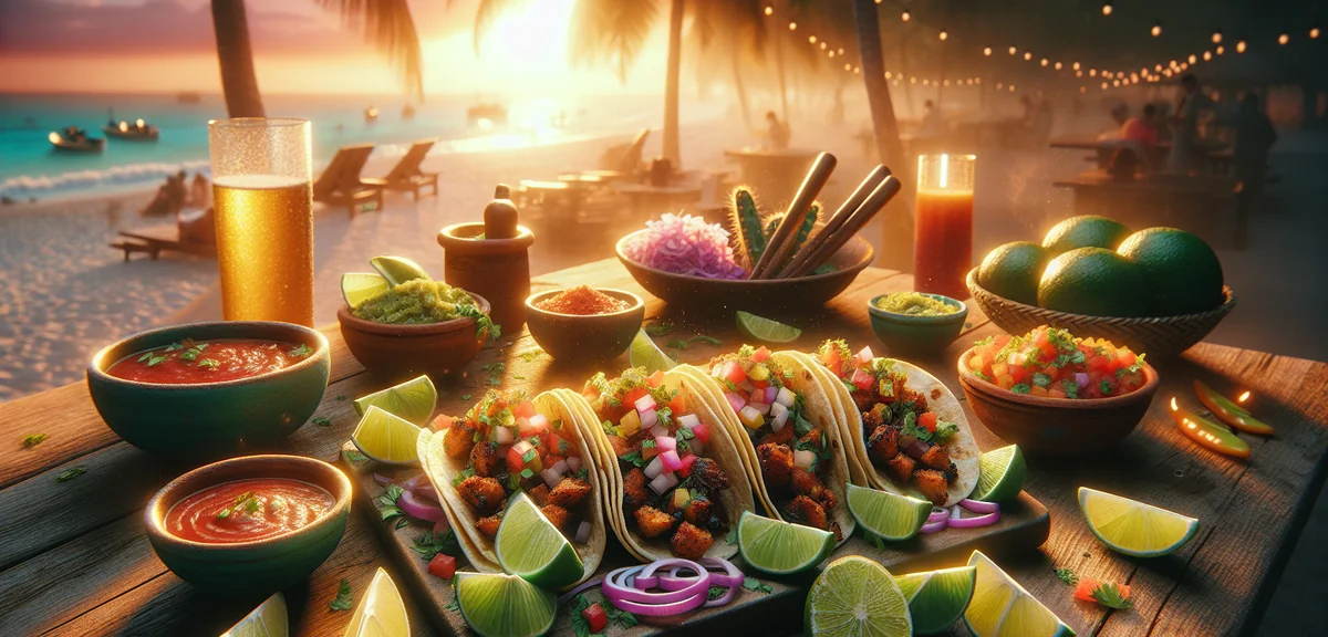 Colorful Mexican street food tacos al pastor with fresh lime and salsa on rustic table, cinematic fo