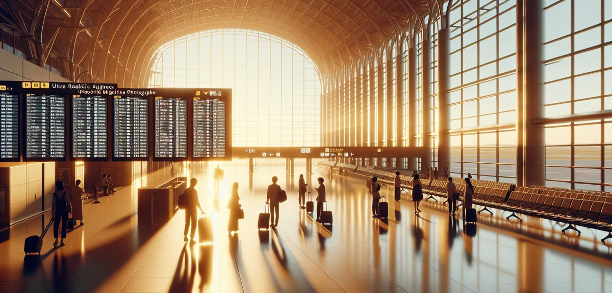 Scenic Japanese domestic airport terminal with passengers checking departure boards and sunlight str