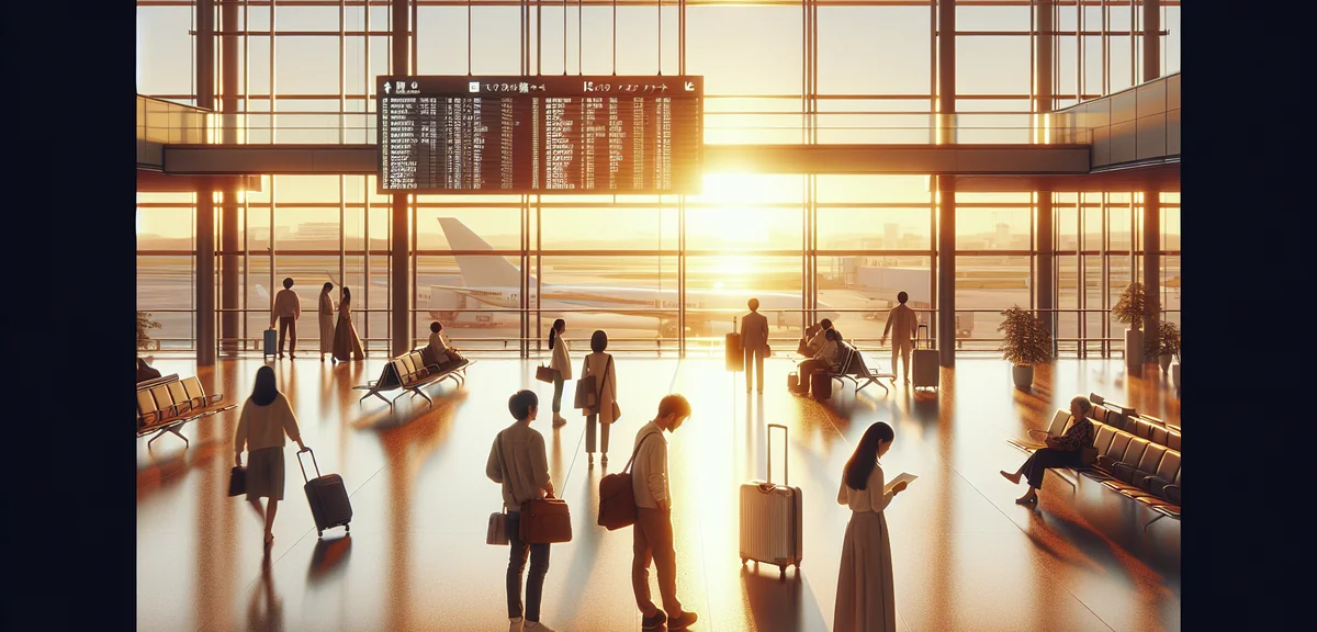 Scenic Japanese domestic airport terminal with passengers checking departure boards and sunlight str