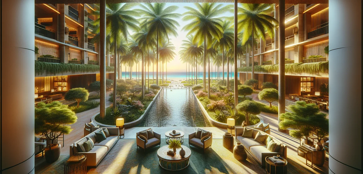 Beautiful tropical resort hotel lobby with open air design palm trees and ocean view in background, 