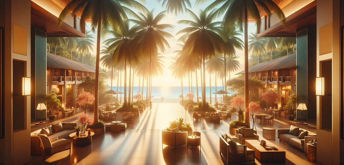Beautiful tropical resort hotel lobby with open air design palm trees and ocean view in background, 