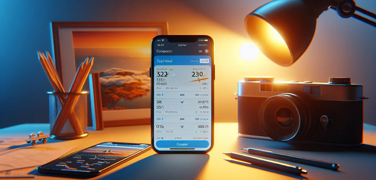 Smartphone screen showing travel booking app with flight and hotel prices comparison charts, cinemat