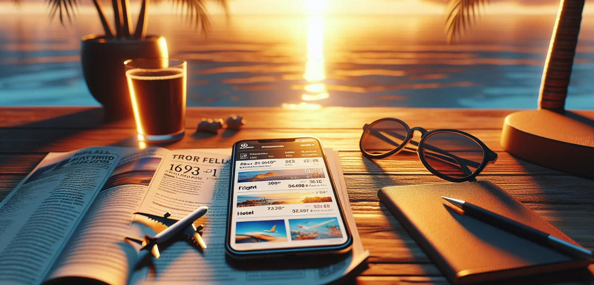 Smartphone screen showing travel booking app with flight and hotel prices comparison charts, cinemat
