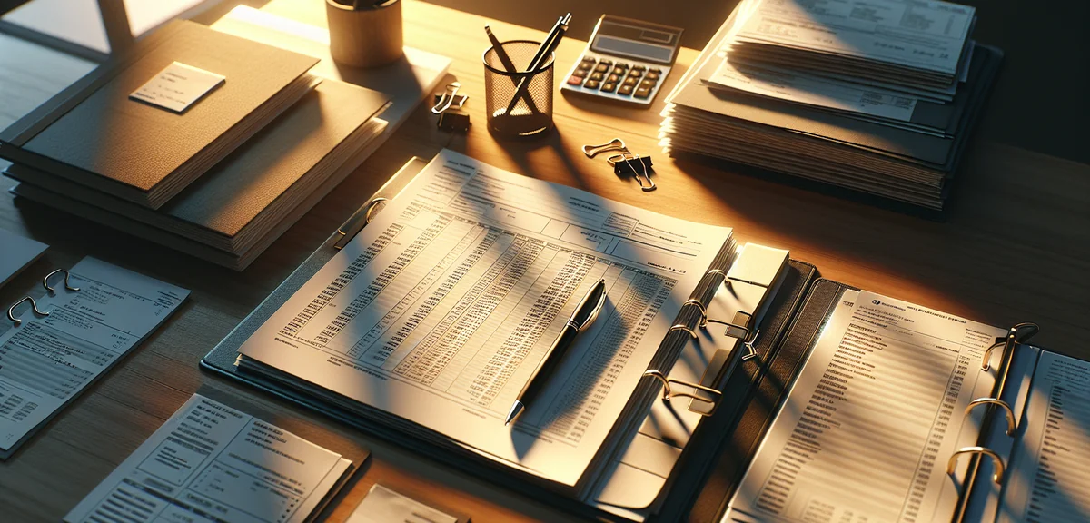 Organized tax documents and receipts in folders on wooden desk with calculator and pen, cinematic ph